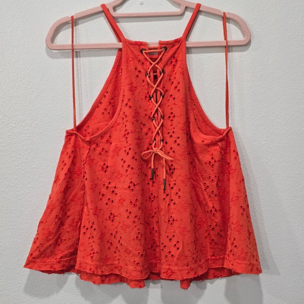 Free People ✦ Orange Eyelet Lace-Up Halter Crop Tank ✦ Cotton Summer Top XS - Picture 3 of 10